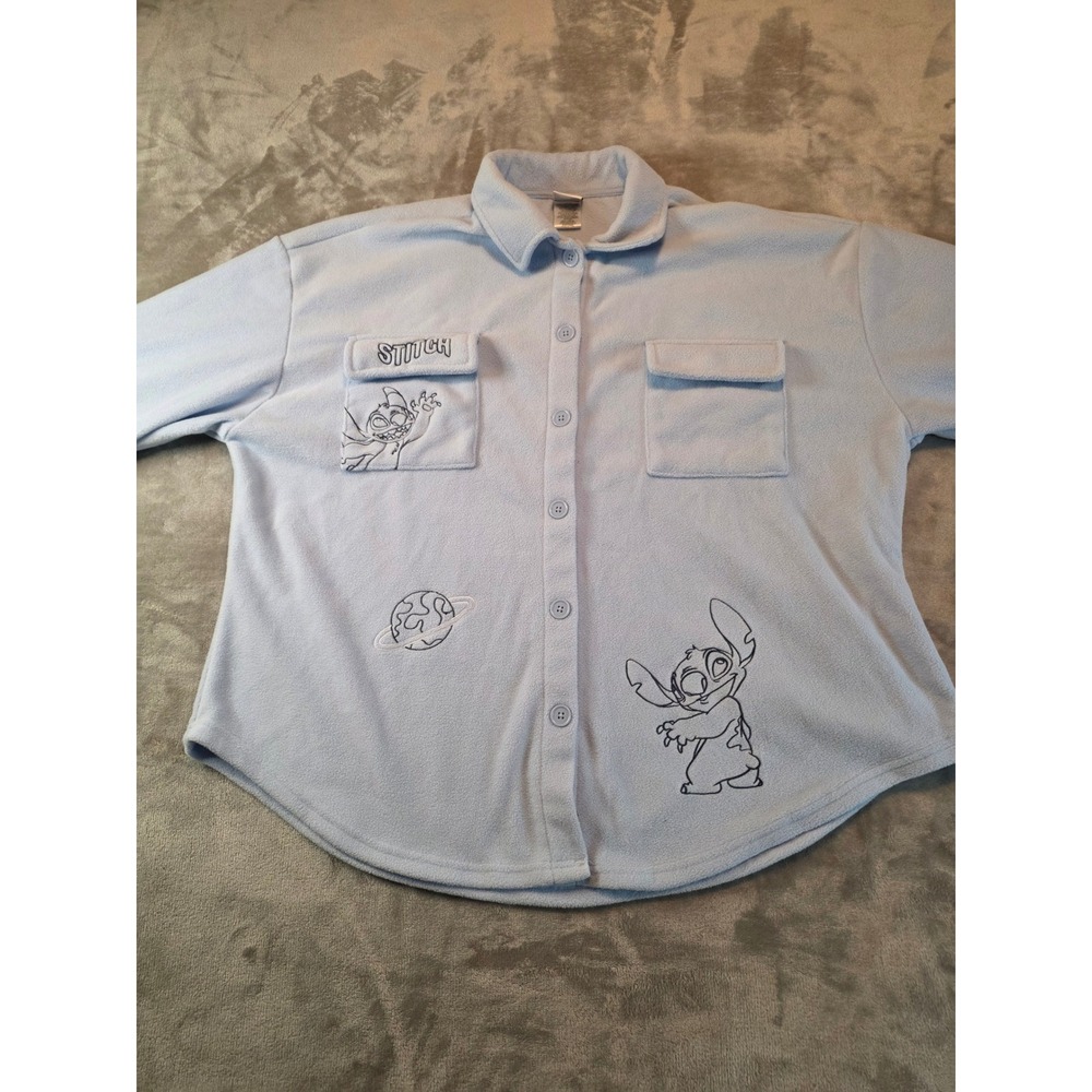 Disney Stitch Fleece Shirt Womens XXL Blue Lilo & Stitch Button Down LH42413